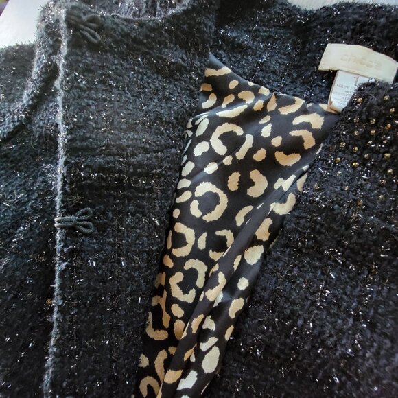 Chicos Black Tweed Open Front Jacket Tinsel Leopard Print Lining Size S 1 - Picture 8 of 16